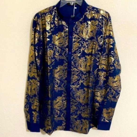 JOGAL Men's Mandarin Button Down Dress Shirt w Metallic Gold Graphics Size M - Picture 1 of 7